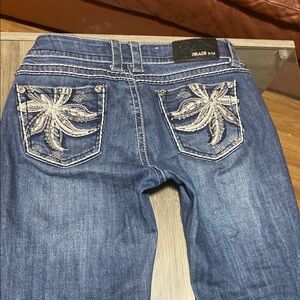 Grace in LA Women's Boot Cut Jeans - Blue with Silver Embroidery